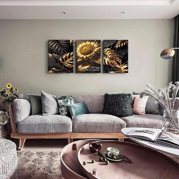 Yxbhhym Bathroom Wall Art Décor Black and Gold Leaf Poster Art Prints Sunflower Canvas Wall Art Paintings Flower Wall Pictures for living room Hallway Décor office Bedroom Decorations