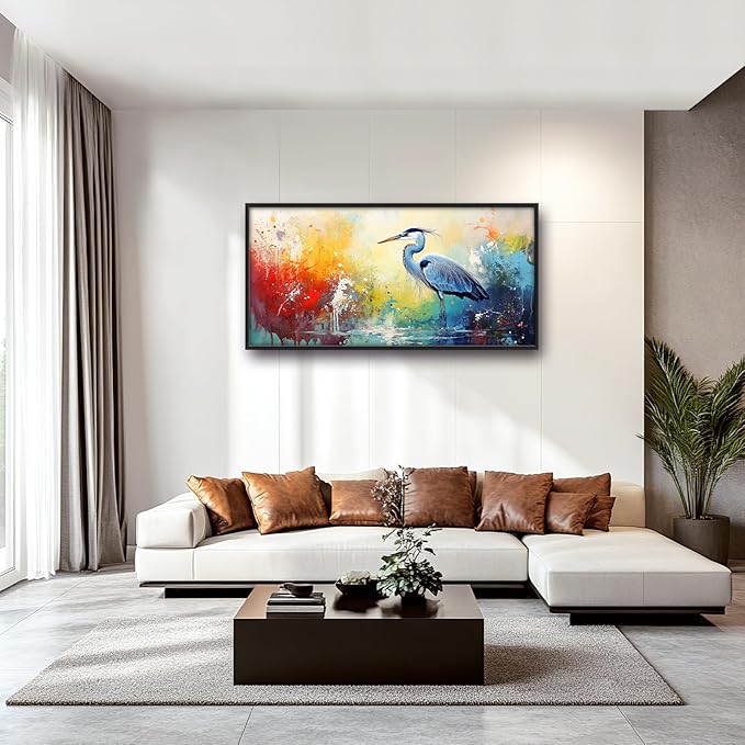 Extra Large Framed Abstract Heron Wall Art,Oversized Colorful Graffiti Heron Wall Decor Pictures for Living Room,Canvas Print Painting Modern Artwork Bedroom Office Bathroom Home Decor 60L x 30W