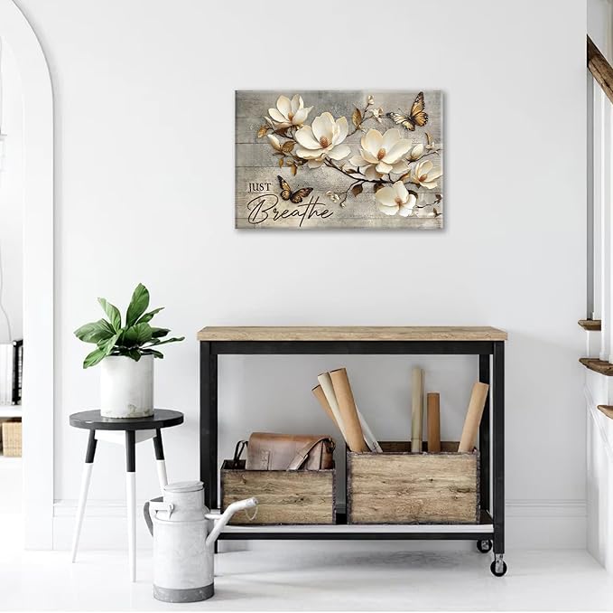 Floral Magnolia Bathroom Pictures Wall Art, Just Breathe Bathroom Wall Decor, Flower Butterfly Framed Painting Canvas Artwork for Bedroom Living Room Decorations 24"L x 16"W