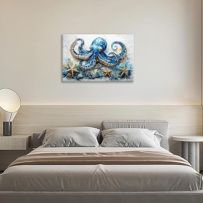 Octopus Bathroom Pictures Wall Art, Sea Animal Ocean Bathroom Wall Decor, Nautical Framed Painting Canvas Artwork for Bedroom Living Room Decorations 24"L x 16"W