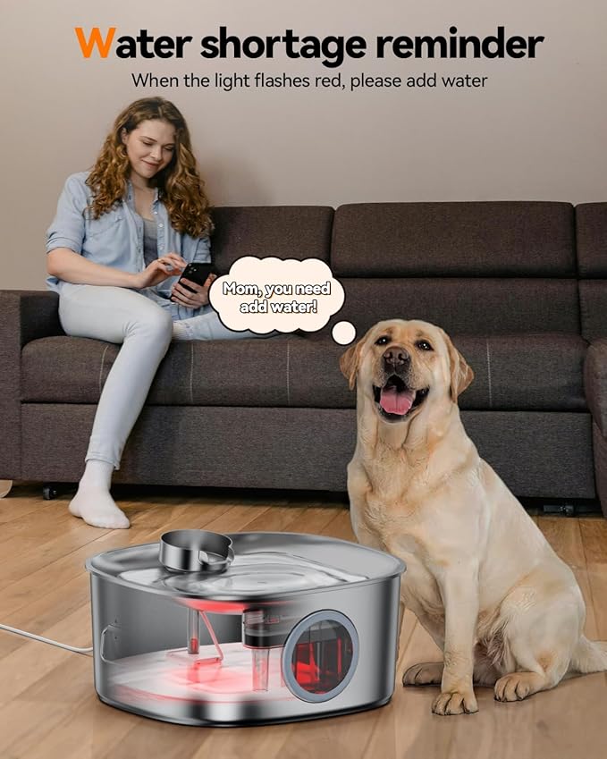 Dog Water Fountain Stainless Steel, 11L/2.8Gal Large Pet Water Fountain for Large Dogs Inside, Dog Fountain Water Bowl Automatic Dispenser with Visible Window & LED, Ultra Quiet (with 8pcs Filters)