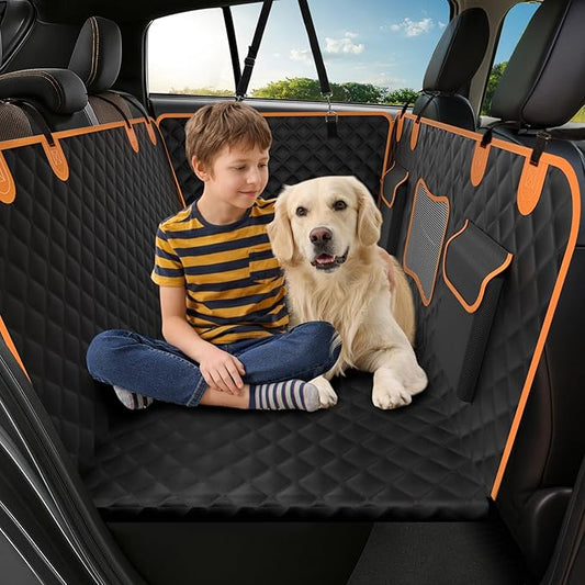 Back Seat Extender for Dogs - Holds 450lbs, Waterproof Dog Car Seat Cover for Back Seat with Hard Bottom for Cars SUVs Truck,Anti-Scratch No Slip Large Space Pet Backseat Protector,Black Orange