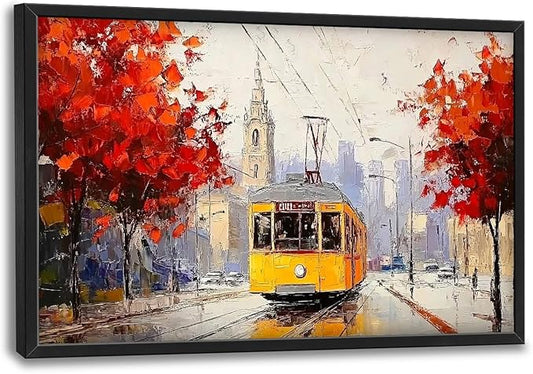 Large Cityscape Wall Art for Living Room, Framed Oversized Urban Tram Wall Decor Tree Landscape Canvas Painting Modern Artwork for Living Room Bathroom Bedroom Office Dining Room 36"x24"