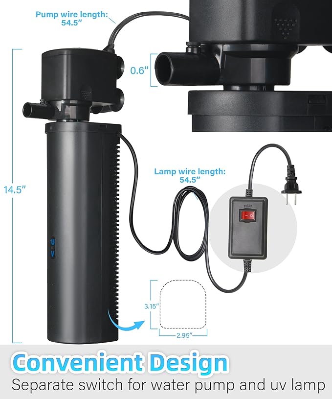 Aquarium Filter U-Very Suitable for 75-300 Gallon Tank, 500GPH Fish Tank Filters for Green Control, Internal Submersible Pump for Turtle Tank, Small Pond, Pool Filter, Cold Plunge Ice Bath Hot Tub