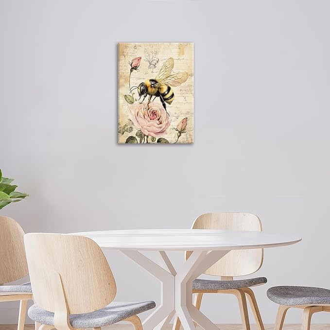 Rustic Bee Bathroom Pictures Wall Art, Vintage Floral Bathroom Wall Decor, Pink Rose Flower Framed Painting Canvas Artwork for Bedroom Living Room Decorations 16"L x 12"W