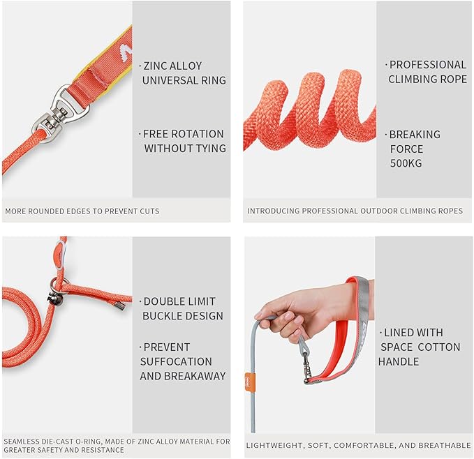 Dog Anti-Slip Leash 5FT with Metal Stopper - Durable No-Pull Training Lead for Small, Medium & Large Dogs - Comfortable Handle Nylon Rope, Tangle-Free Pet Walking Leash (Orange, 5.6FT)