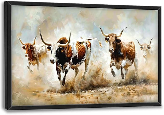 Highland Cow Large Wall Art Wild Animal Running Pictures Farmhouse Rustic Longhorn Wall Decor Canvas Print Painting Artwork for Bathroom Living Room Bedroom 36L" x 24W"