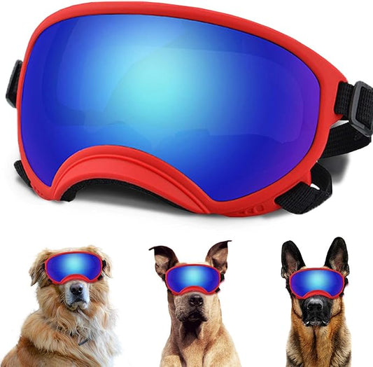 Large Dog Sunglasses with Adjustable Strap UV Protection, Winproof Puppy Sunglasses, Suitable for Medium-Large Pet Glasses, Dogs Eyes Soft Goggles, RedBlue