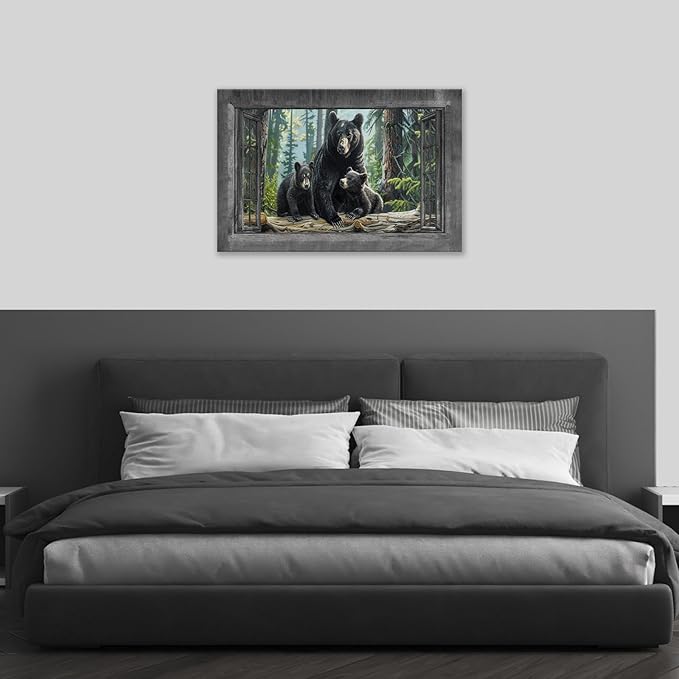 Black Bear Wall Art Forest Window Canvas Cabin Living Room Pictures Prints Animal Wall Decor Painting Artwork for Bedroom Dining Office Home 24"x16"