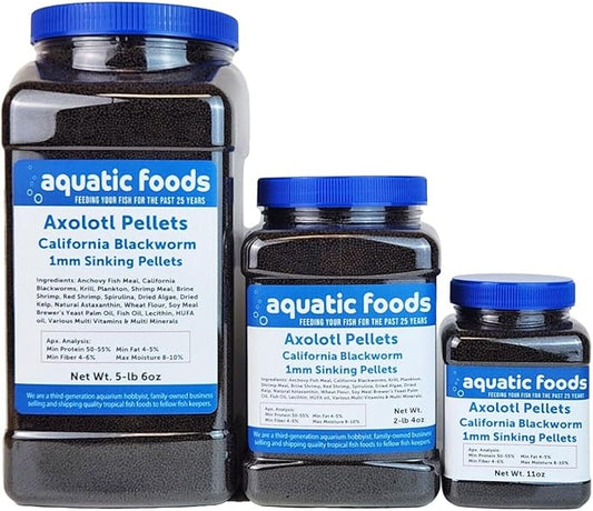 Aquatic Foods Inc. Axolotl Blackworm Pellets. 1mm-1/32 Sinking California Blackworm Micro Pellets for Baby Axolotl, Frogs, Shrimp, Salamanders, Newts, Snails…5-lbs 6oz Jar