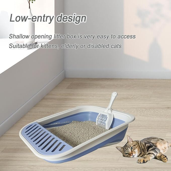 Senior Cat Litter Boxes, Collapsible Open Low Entry Cat Litter Pan with Scoop Travel Kitten Potty Pan Foldable Pet Toilet for Sick Disabled Older Elderly Cats Pink 20.9x15.7x5.7 inch
