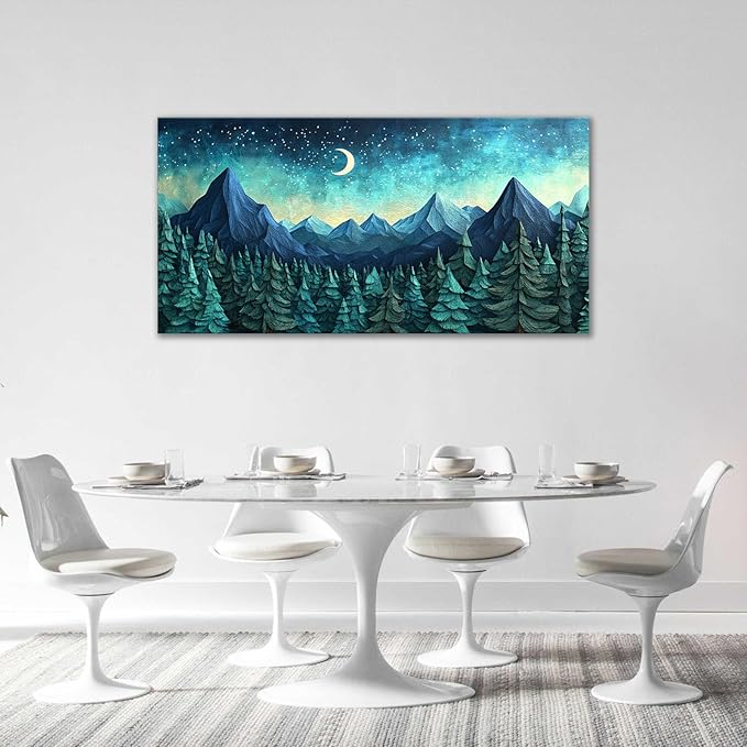 Quorin Abstract Mountain Large Wall Art Forest Moon Starry Night Sky Pictures Nature Landscape Wall Decor Canvas Print Painting Artwork for Bathroom Living Room Bedroom 30"x60"