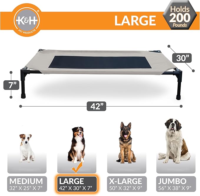 K&H Pet Products Outdoor Elevated Dog Cot, Breathable Cooling Elevated Cot Hammock Pet Bed for Large Dogs, Washable Mesh Cover, Raised Metal Frame, Collapsible, Portable - Large 42 X 30in Taupe