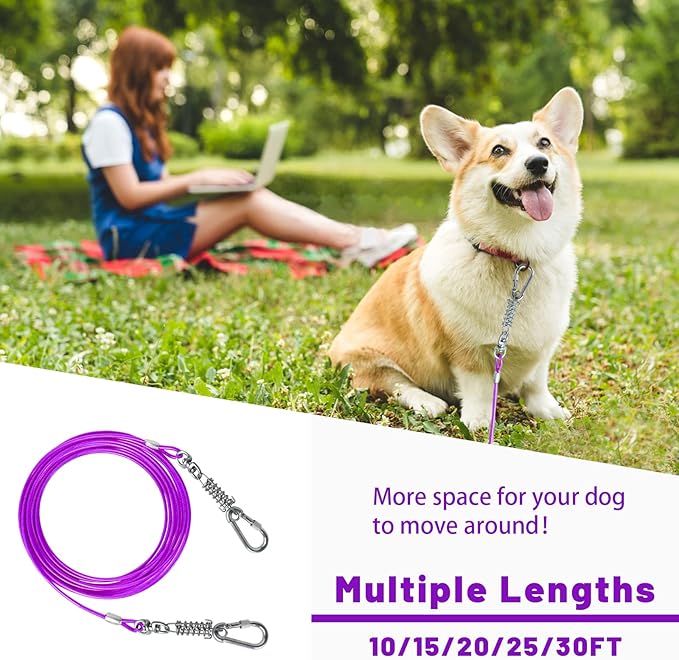 Dog Tie Out Cable - 10/15/20/25/30FT Heavy Duty for Large Dogs Up to 250LBS - Rosy Pink/Blue/Purple/Silver/Red/Green/Yellow