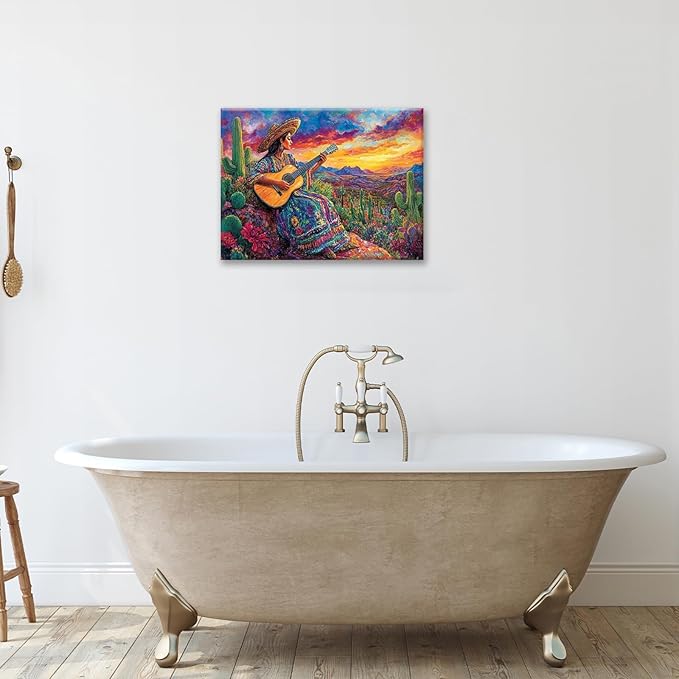 Mexican Women Pictures Wall Art, Cactus Landscape Bathroom Wall Decor, Nature Scenery Aesthetics Framed Painting Desert Modern Canvas Artwork for Bathroom Bedroom Living Room Decorations 20"L x 16"W