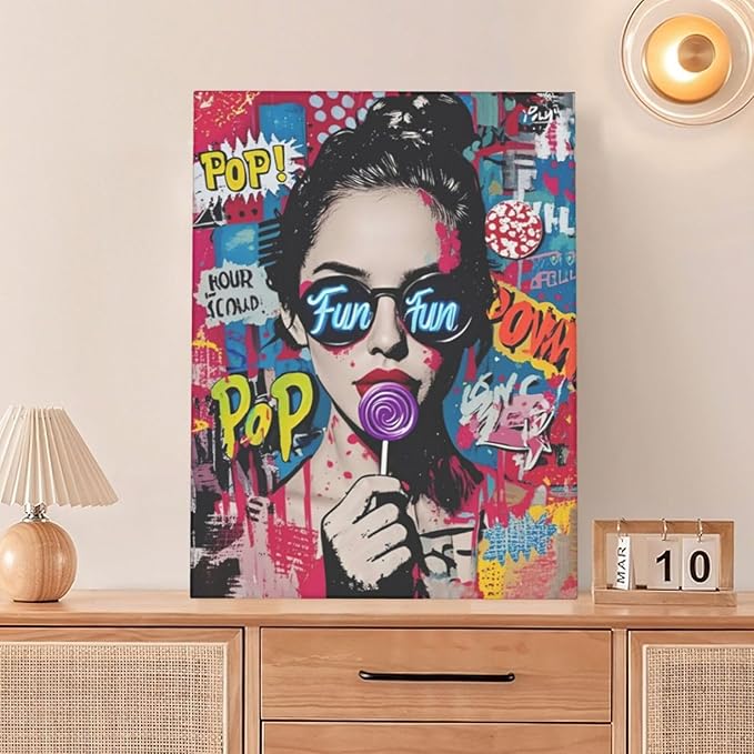Fashion Women Wall Art Glam Modern Artwork for Girls Banksy Street Graffiti Pop Art Canvas Pictures Painting Print Framed Decorations Gifts for Bedroom Living Room Office 12"x16"