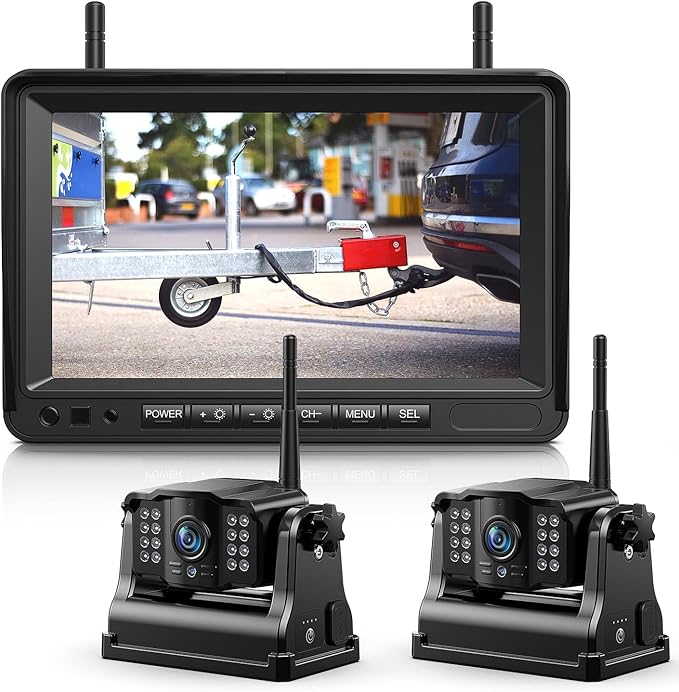 eRapta Magnetic Wireless Backup Camera Kit with HD1080P 7” DVR Monitor, Dual RV/Trailer/Truck/Tractor Cameras Wireless System, No Wiring, 9600mAh Rechargeable Battery, IR Night Vision-ACT702