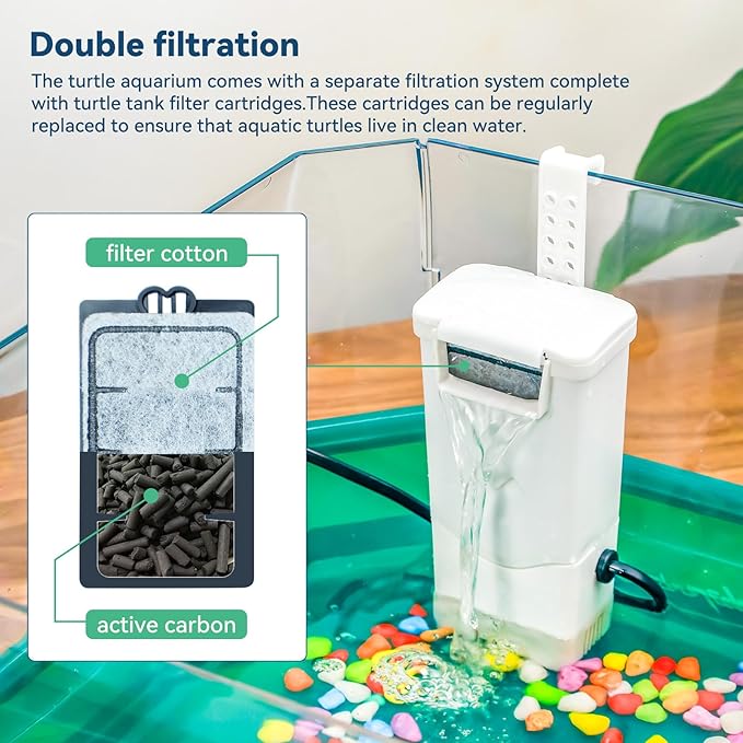 Aquatic Turtle Tank Habitat Kit Stone+Filter+Heat Lamp Enhancing Interaction with 360° Viewing, Standalone Filtration, DIY Creative Zone, Enriched Living (Green, L[Without Light])