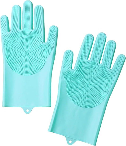 Pet Grooming Gloves，Heat-Resistant Silicone Gloves with High-Density Teeth for Enhanced Massaging and Bathing of Dogs and Cats (Green, 1 Pair)