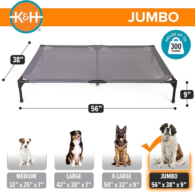 K&H Pet Products Elevated Outdoor Dog Cot Bed, Raised Cooling Bed with Washable Breathable Mesh for Large Dogs, Portable Raised Platform Pet Bed, Heavy Duty Metal Frame Hammock Bed, Jumbo, Gray