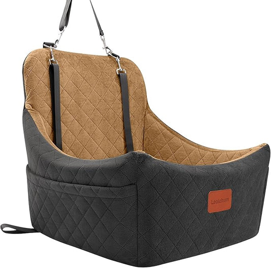 Dog Booster Car Seat for Up to 35lbs Pets,Easy to Install,Fully Detachable and Washable,Anti-Slip Base,Snug Puppy Car Seat with 2 Clip-On Leashes(Black/Coffee,Medium)