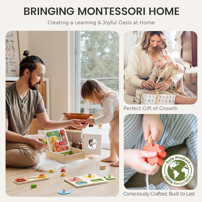 Tiny Land Montessori Toy Set for Babies 18-24 Months Investigator Play Kit- 4-in-1 Wooden Learning Toys with Color Sorting, Lacing Beads, Shape Matching, and Seasons Puzzles