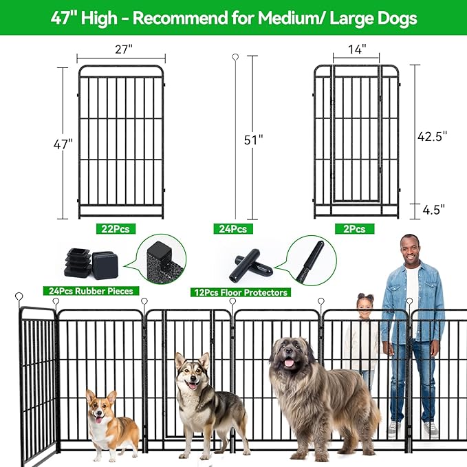 Dog Playpen Outdoor 24 Panels Heavy Duty Dog Fence 47" Height with Thick Pipe Anti-Rust with Doors Portable for RV Camping Yard, Total 54FT, 227 Sq.ft, Snowy Black