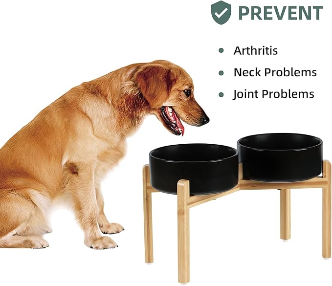 Ceramic Raised Double Bowls Set with Stand, Food & Water Bowls for Large Breed Dogs, Weighted Dog Dishes, Pet Bowl(8.2'',60OZ, Black)