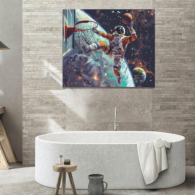 Quorin Astronaut Wall Art Funny Spaceman Basketball Pictures Space Galaxy Planet Wall Decor Canvas Print Painting Artwork for Bathroom Living Room Bedroom 20"x24"