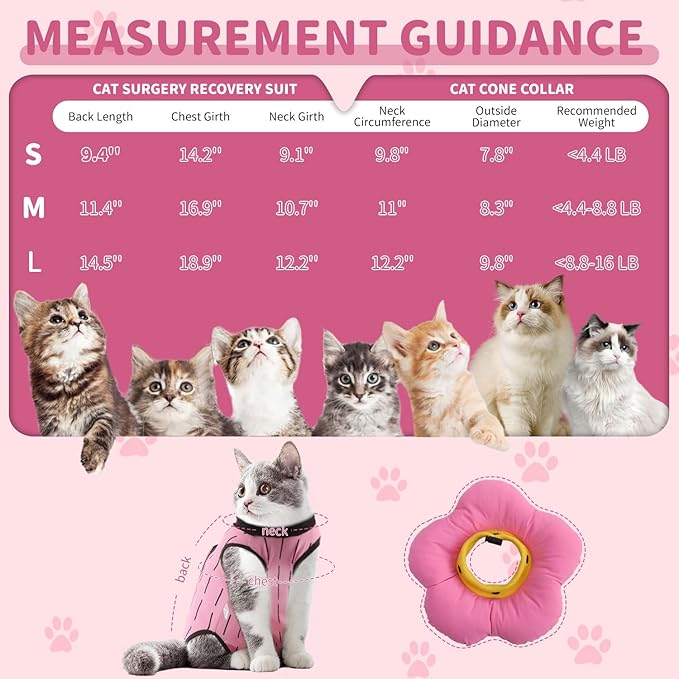 EMUST 2PCS Cat Recovery Suit and Cone Collar - Female, Breathable Cotton, Adjustable Soft E Collar Alternative for Cats 8-16lb (Pink, L)