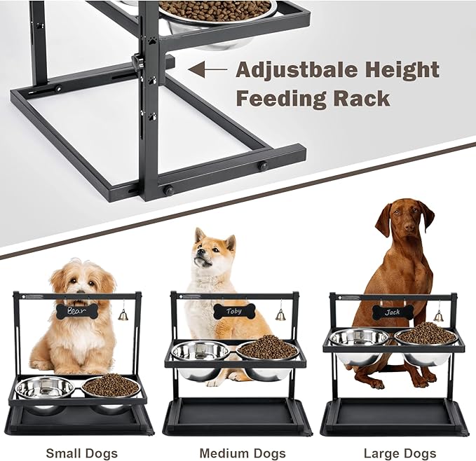 Elevated Slow Feeder Dog Bowls - Raised for Large Dogs, Adjustable Height, 2 Stainless Steel Bowls, Spill Proof Mat, Grey