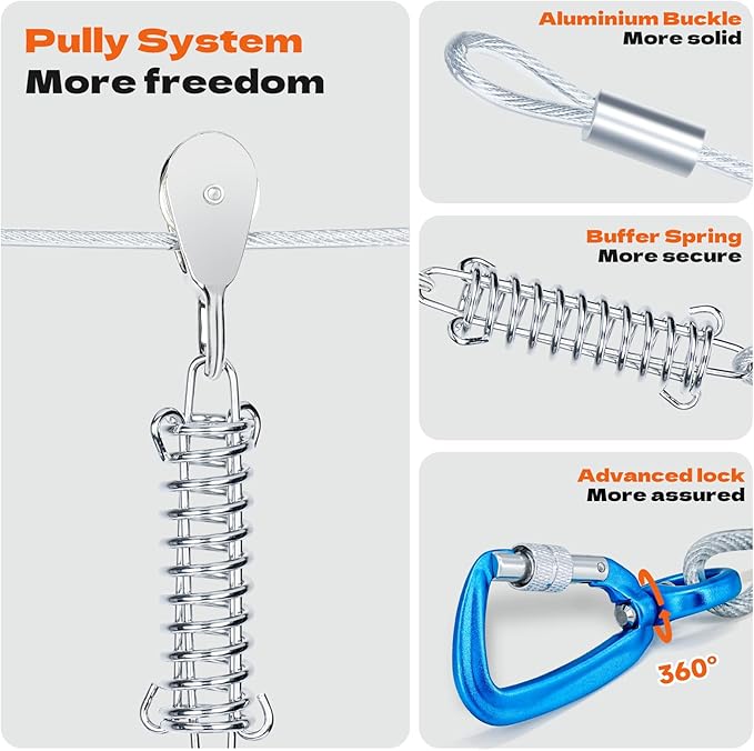 50ft Dog Runner for Yard Large Dog Heavy Duty with Double Shock Absorbers Tangle-Free Aerial Trolley System for Large Dogs Up to 250lbs(Orange)