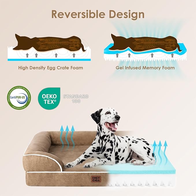 EHEYCIGA Orthopedic Dog Beds for Large Dogs, Waterproof Memory Foam Large Dog Bed with Sides, Non-Slip Bottom and Egg-Crate Foam Pet Couch Bed with Washable Removable Cover, Camel