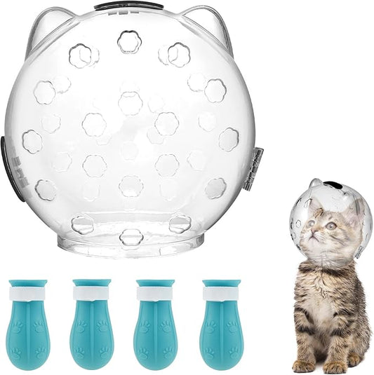Cat Muzzle, Cat Mouth Cover for Grooming with 4 Silicone Paw Shoes, Cat Anti Bite Helmet, Silicone Claw Covers, Cat Breathable Hood for Cats Bathing Shaving Nail Trimming (Large)