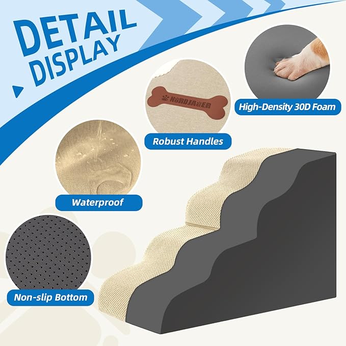Dog Stairs 3-Step for Small Dogs and Cats to Get on Bed and Furniture/Windows, Pets Can Climb, Sit, or Perch to Look Out Windows, Extra Wide Dog Steps, Non-Slip Waterproof Fabric Cover, Beige（15.7" H）