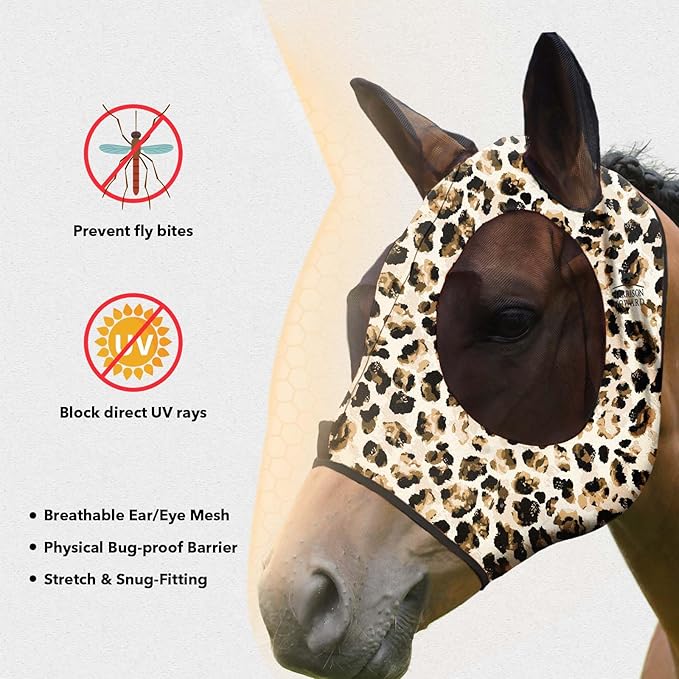 Harrison Howard Super Comfort Stretchy Fly Mask Large Eye Space with UV Protection Soft on Skin with Breathability Leopard Print XL Extra Full Size