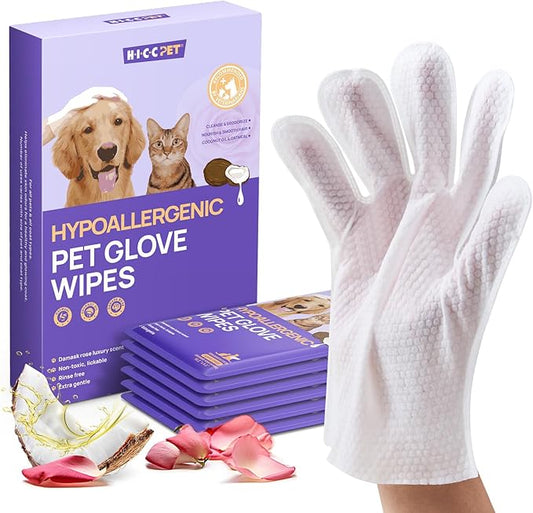 HICC PET Cleaning Deodorizing Glove Wipes for Dogs & Cats, Vet Recommended Hypoallergenic Pet Cleaning and Hydrating Glove Wipes, Nourish Fur Coconut Oil Pet Bathing Wipes for Horse Coat Care