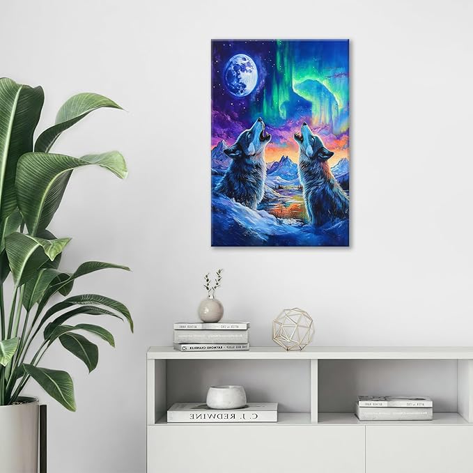 Wolf Wall Art Wolves Canvas Wall Decor Prints Framed Painting Aurora Pictures Gifts Artwork for Bathroom Bedroom Living Dining 16"x24"