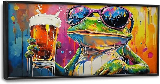 Large Graffiti Frog Wall Art for Living Room, Framed Oversized Funny Frog Beer Wall Decor Colorful Animal Canvas Painting Modern Artwork for Bathroom Bedroom Office Dining Room 60"x30"