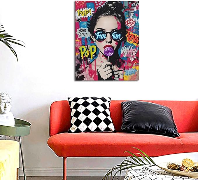 Fashion Women Wall Art Glam Modern Artwork for Girls Banksy Street Graffiti Pop Art Canvas Pictures Painting Print Framed Decorations Gifts for Bedroom Living Room Office 16"x20"
