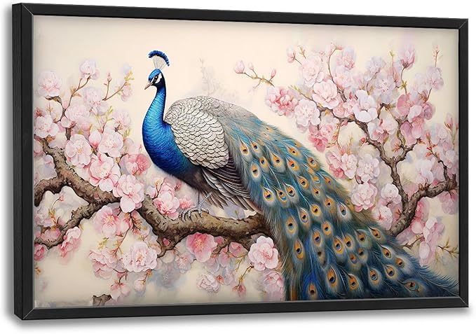 Quorin Peacock Large Wall Art Elegant Peacock Pictures Wall Decor Pink Flower Tree Canvas Print Painting Artwork for Bathroom Living Room Bedroom 36L x 24W