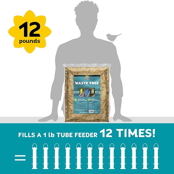 Audubon Park Waste Free Wild Bird Seed –12 lb. No Mess Blend with Sunflower Hearts & Peanut Pieces – Bird Food for Outside Feeders