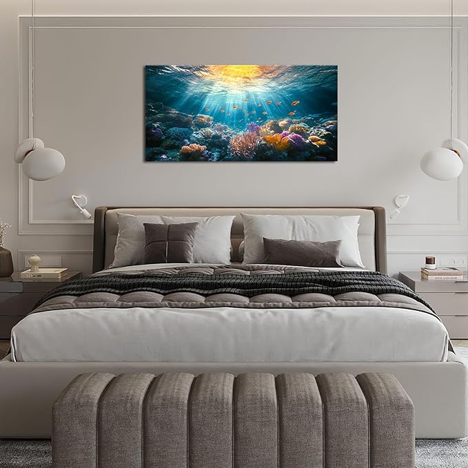 Quorin Ocean Large Wall Art Undersea Coral Reef Fish Pictures Sea Nautical Wall Decor Canvas Print Painting Artwork for Bathroom Living Room Bedroom 30"x60"