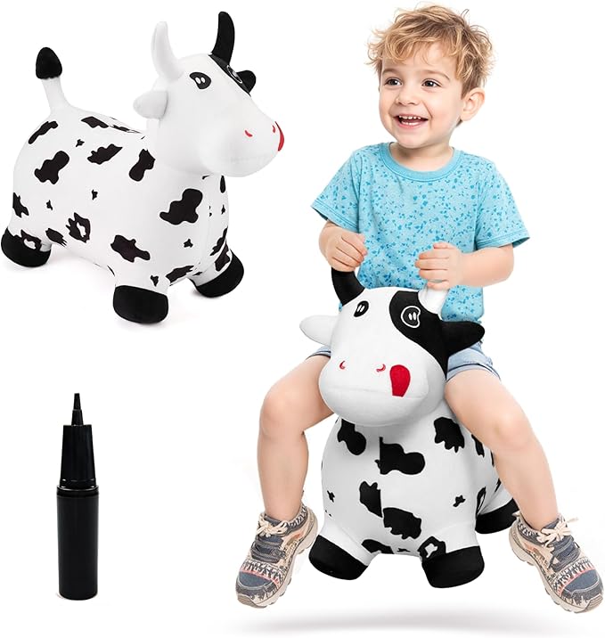 EVERICH TOY Bouncy Horse Cow Toys, Inflatable Bouncing Animal Hopping Toys, Outdoor Indoor Ride on Bouncer, Boys Girls Birthday Gift for 18 Month 2 3 4 5 6 Year Old Kid- Plush Cow Toy