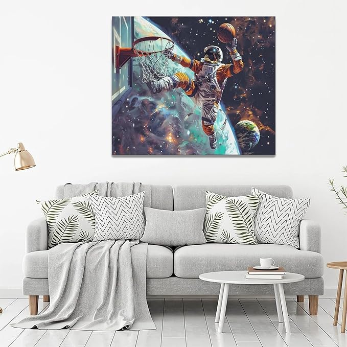 Quorin Astronaut Wall Art Funny Spaceman Basketball Pictures Space Galaxy Planet Wall Decor Canvas Print Painting Artwork for Bathroom Living Room Bedroom 20"x24"