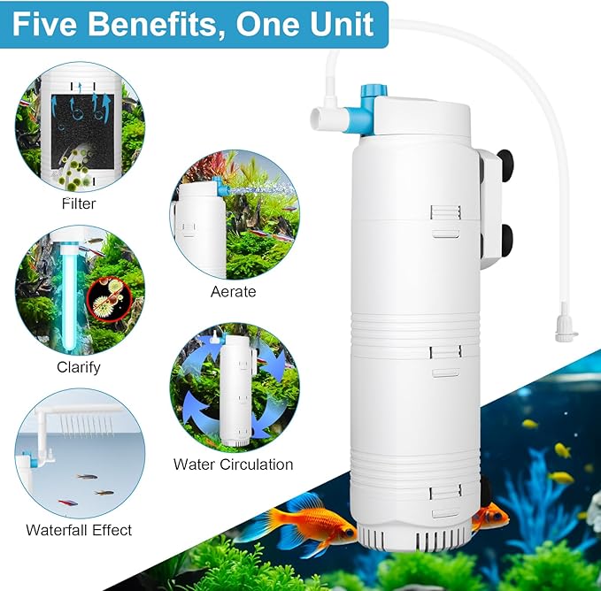 Aquarium U-V Filter with Programmable Timer for 40–160 Gallon Fish Turtle Tanks, Internal Submersible Power Filter with Bio Sponge, Adjustable Flow & Aeration for Freshwater Saltwater