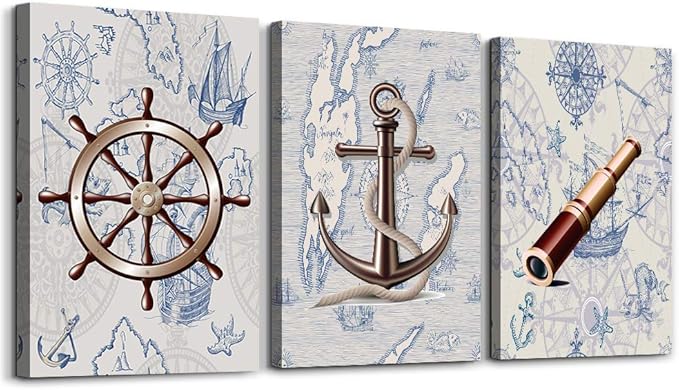 ocean theme steering wheel telescope ship pendant Canvas Prints bathroom Wall Art for Bedroom Wall decor Artworks Pictures wall decorations for living room,3 piece Home decor kitchen wall paintings