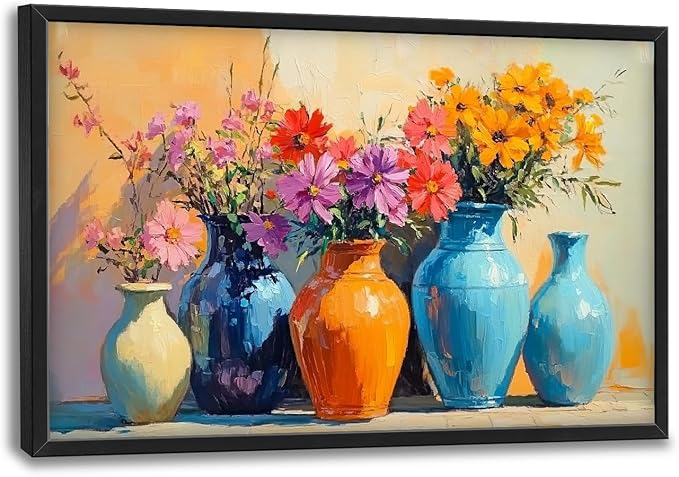 Large Colorful Floral Wall Art for Living Room, Framed Oversized Asian Flower Vase Decor Canvas Painting Sunlight Pictures Modern Artwork for Bathroom Bedroom Office Dining Room 36"x24"