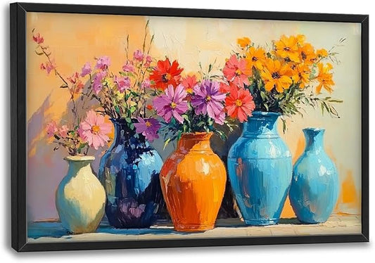 Large Colorful Floral Wall Art for Living Room, Framed Oversized Asian Flower Vase Decor Canvas Painting Sunlight Pictures Modern Artwork for Bathroom Bedroom Office Dining Room 36"x24"