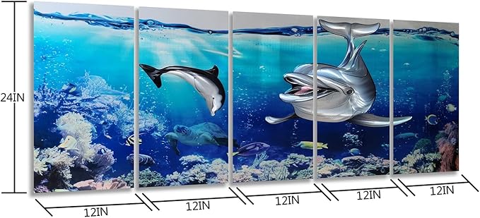 SYGALLERIER Dolphin Metal Wall Art Hand Crafted Coastal Aluminum Artwork in 5 Pieces, Modern Sea Pictures Sculpture for Living Room Bedroom Bathroom Decor